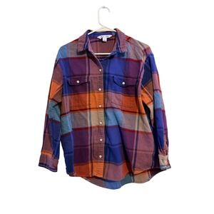 Old Navy The Boyfriend Shirt Women L Purple Orange Blue Plaid Flannel Button Up